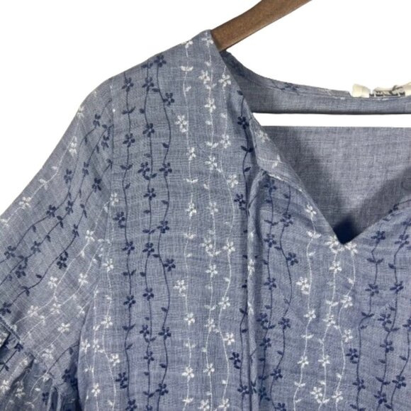 Umgee Womens Floral Chambray Baby Doll Dress Size M Blue Bell Sleeves Boho Twee - Picture 6 of 13